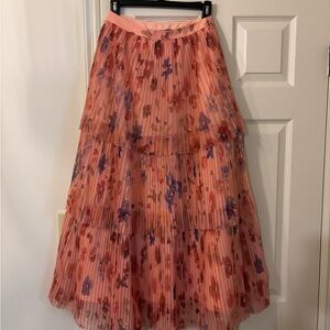 Anthropologie Floral Midi Pleated Tiered Skirt - Pink and Purple